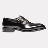 Black leather brogue double-buckle shoe
