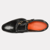 Black leather brogue double-buckle shoe