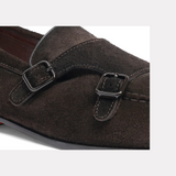 Stylish dark brown suede loafer with buckles
