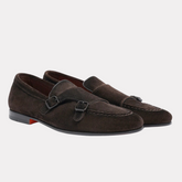 Men's dark brown suede double-buckle loafer