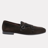 Stylish dark brown suede loafer with buckles