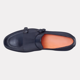 Handmade blue leather double-buckle loafer