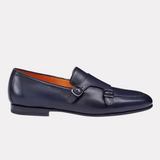 Handmade blue leather double-buckle loafer