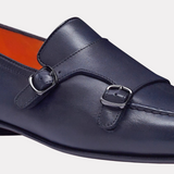 Handmade blue leather double-buckle loafer