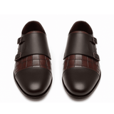 Handmade Brown Double Monk Strap Shoes | Croc-Embossed Leather