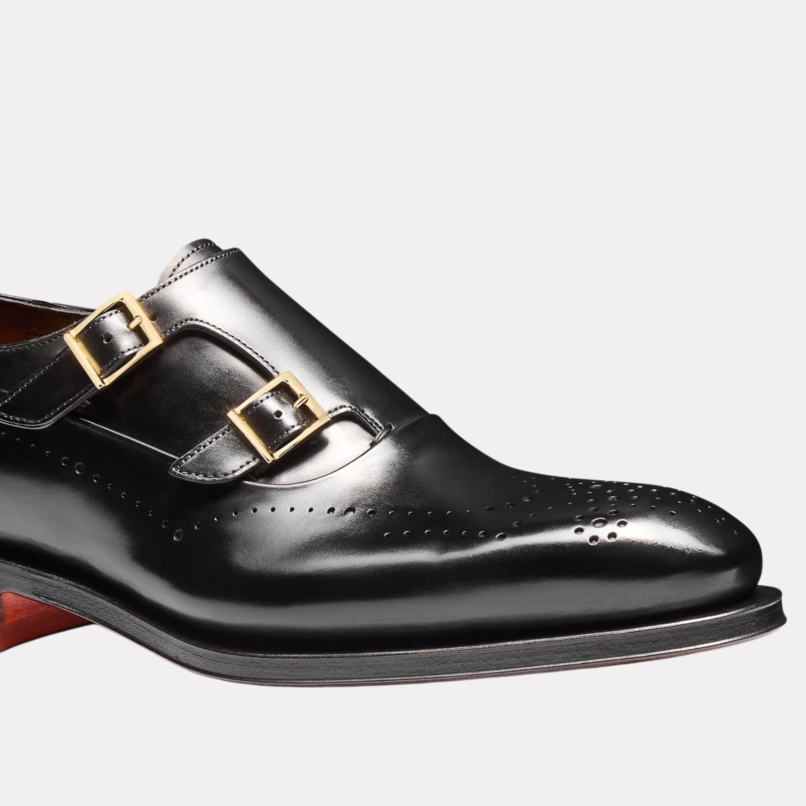 Men's black leather double-buckle brogue shoe