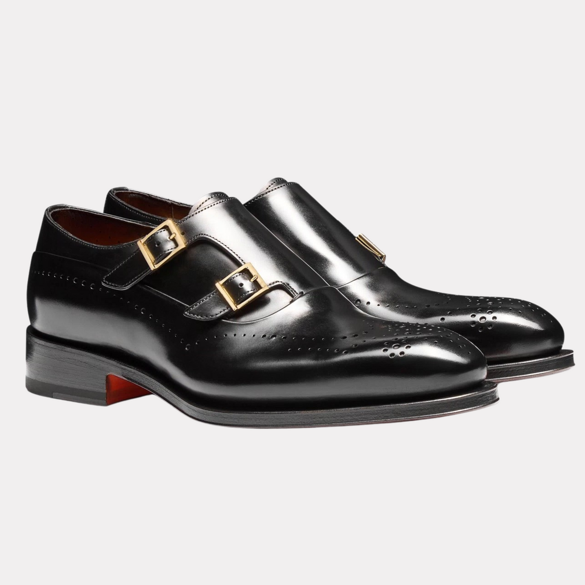 Men's black leather double-buckle brogue shoe