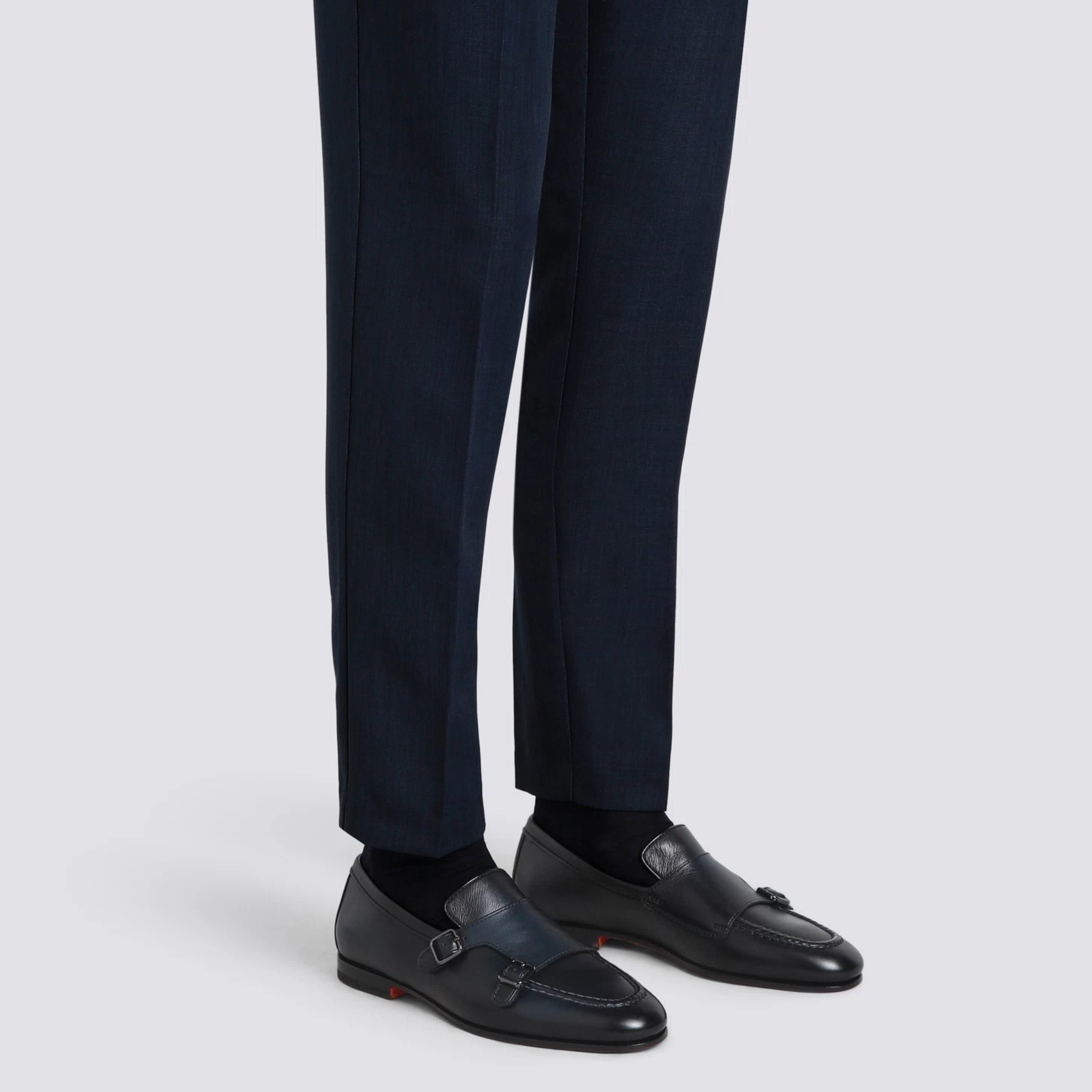 Men's polished blue leather double-buckle loafer