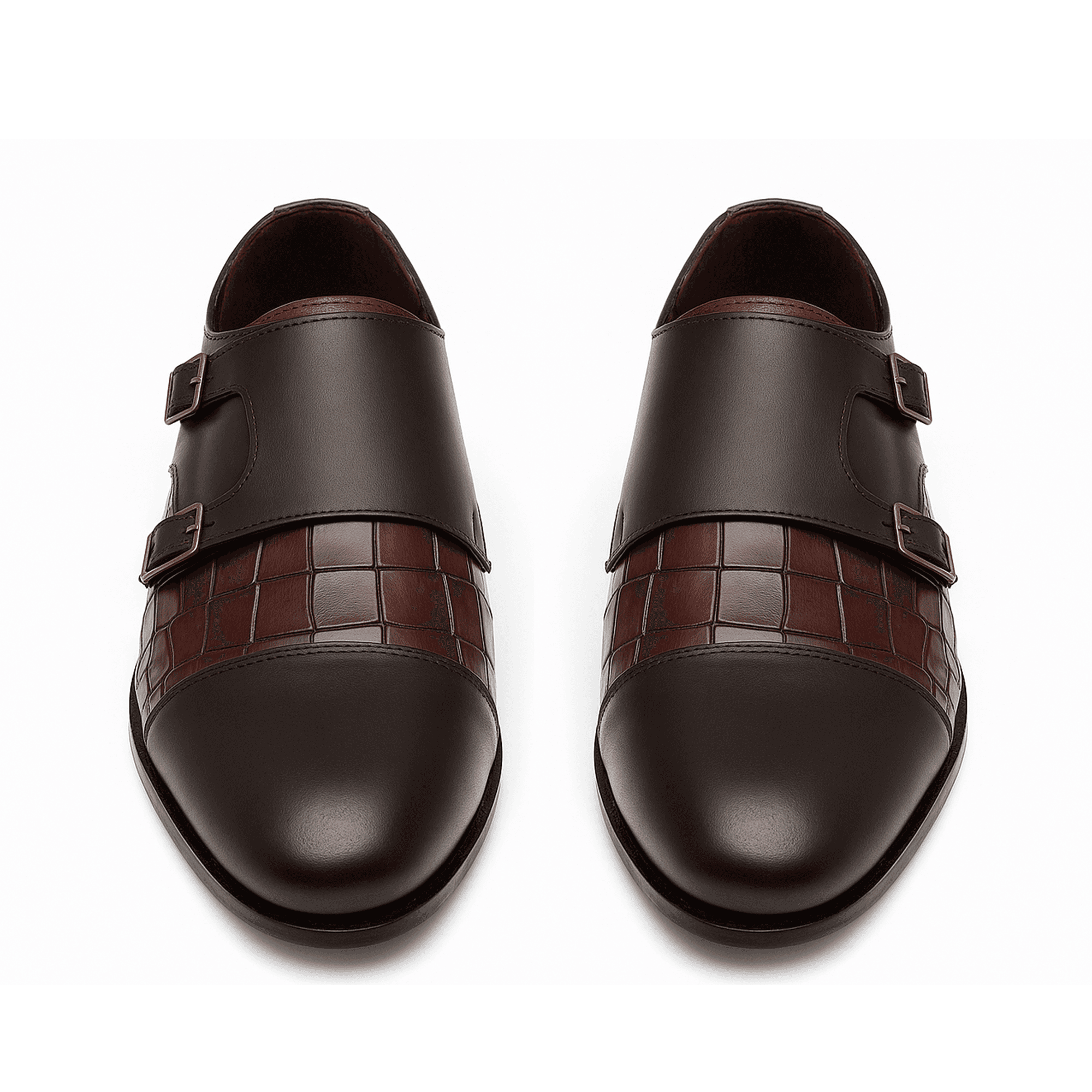 Handmade Brown Double Monk Strap Shoes | Croc-Embossed Leather