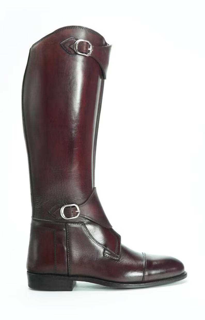 Handmade Burgundy Leather Riding Boots | Classic Equestrian Tall Boots with Dual Buckles
