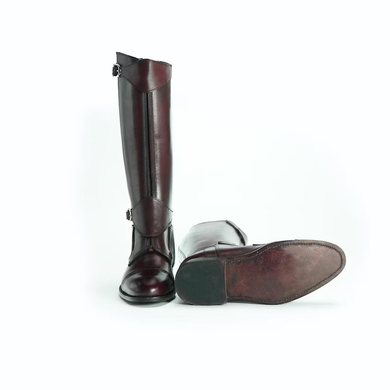 Handmade Burgundy Leather Riding Boots | Classic Equestrian Tall Boots with Dual Buckles