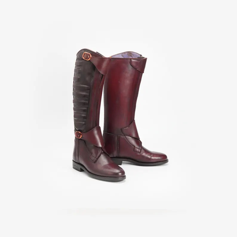Handmade Burgundy Leather Riding Boots | Tall Equestrian Boots with Back Zipper & Buckle Straps